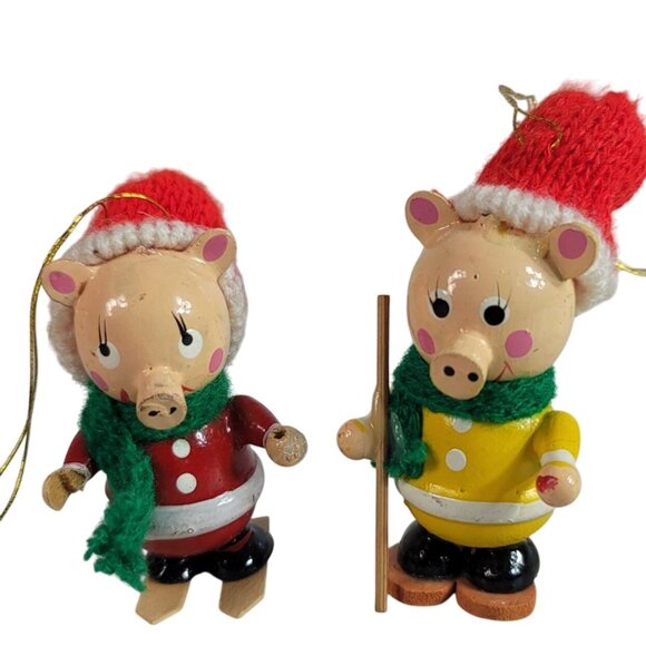 Vintage Wooden Pig Christmas Ornaments Walking Skiiing Knit Hats Lot of 2 READ - Picture 2 of 10